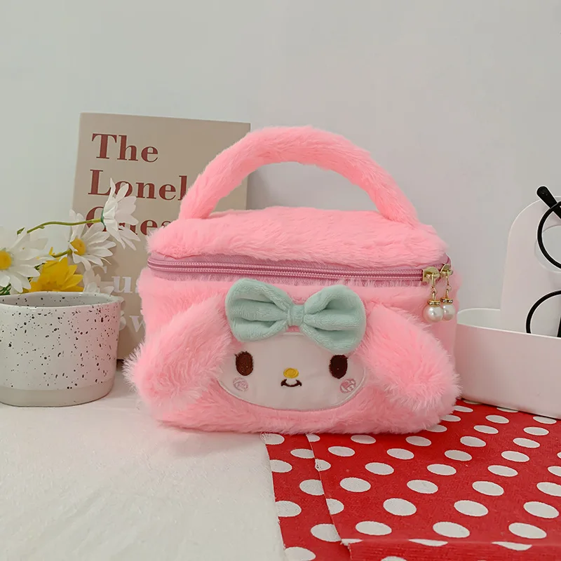 Sanrio Women\'s Makeup Bag Cartoon Kuromi Melody Plush Doll Large Capacity Cosmetics Storage Box with Zipper Portable Portable