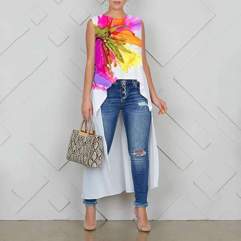 

Summer High-Low Loose Flower Print Round-Neck T-Shirts Blouses Casual Sleeveless Tops Vest For Women