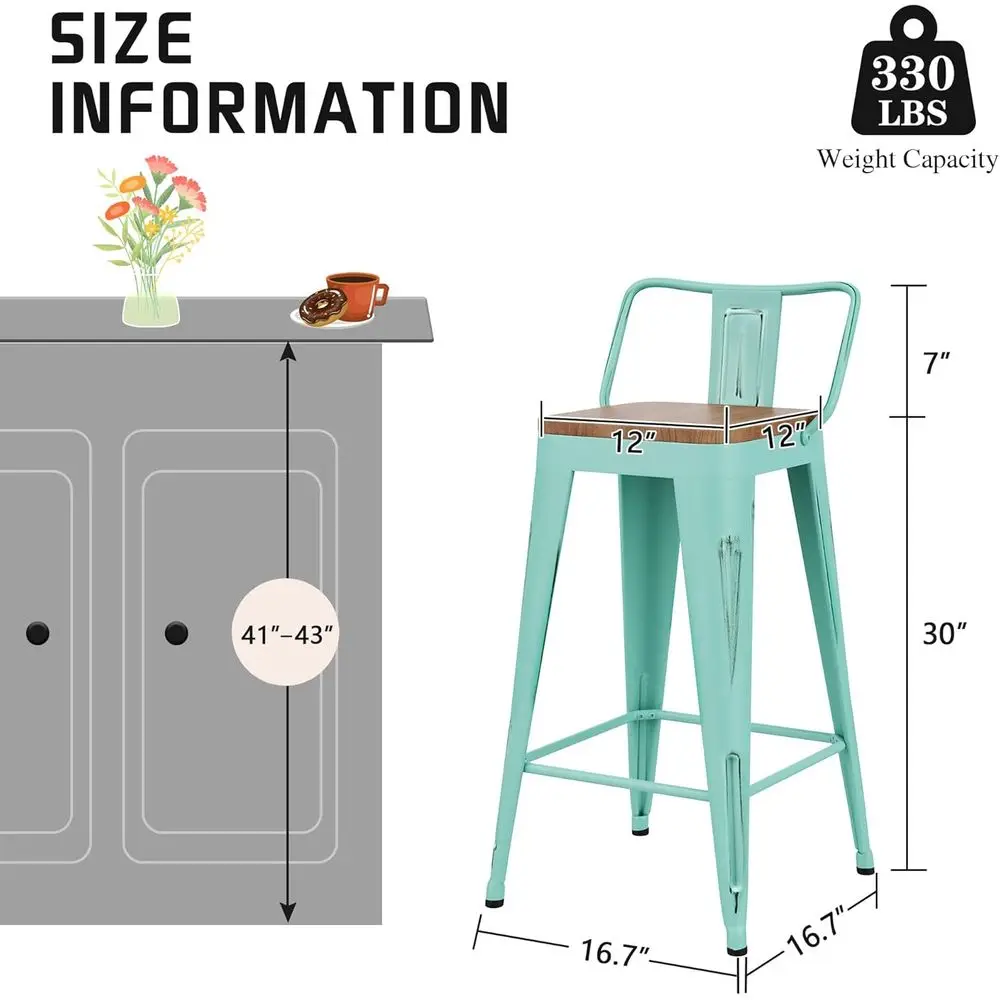 30" Metal Bar Stools Set o 4 Counter Height Barstools Industrial Counter Stool Kitchen Bar Chairs ern Wood Seat-Distred Blue - view 2