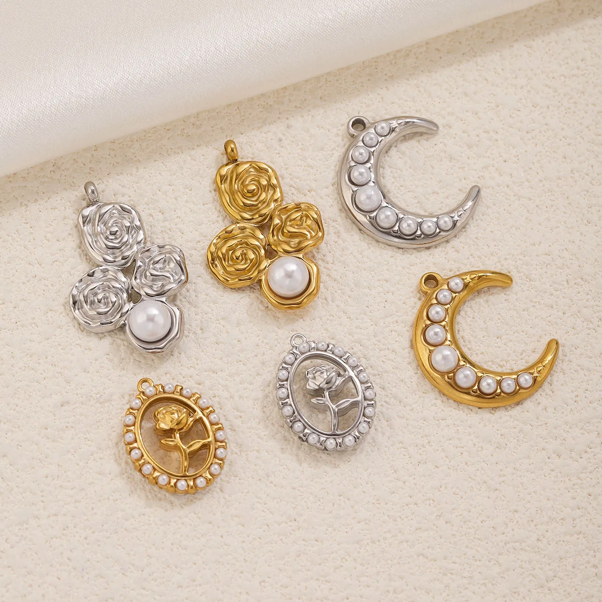 5Pcs Stainless Steel 18K Gold Plated Moon Rose pearl Charms Pendants DIY Necklace Bracelet Earrings Jewelry Making Accessories view 4