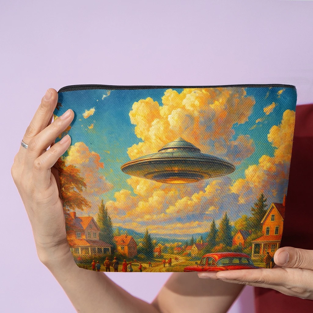 1 Makeup Bag, Farm UFO Village Scenery, Stylish Wallet with Zipper, Snack Bag for Work, Skincare Product Storage Bag