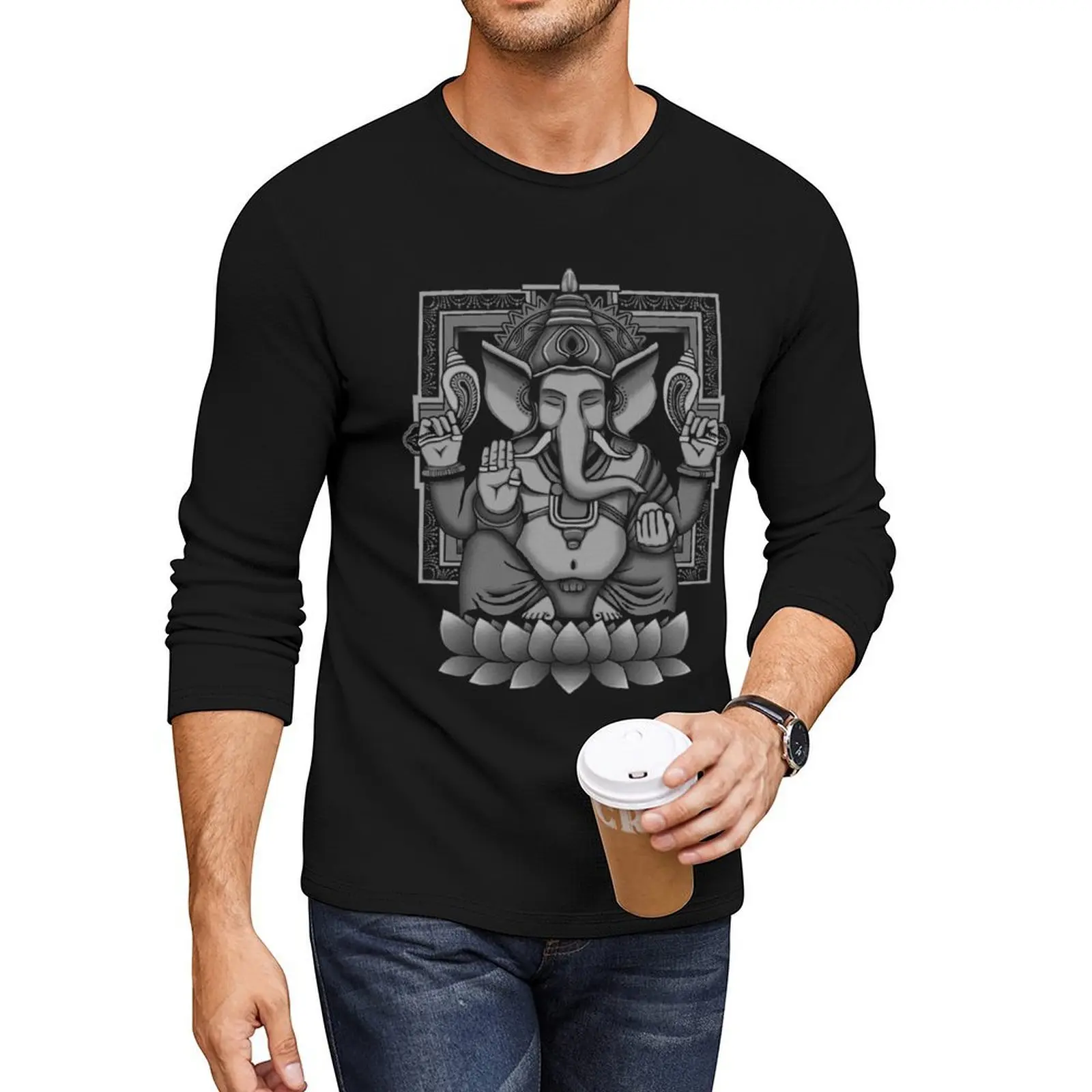 تي شيرت طويل من Ganesh White Halftone تي شيرت ثقيل الوزن تي شيرت كبير الحجم ملابس لطيفة تي شيرت أسود للرجال