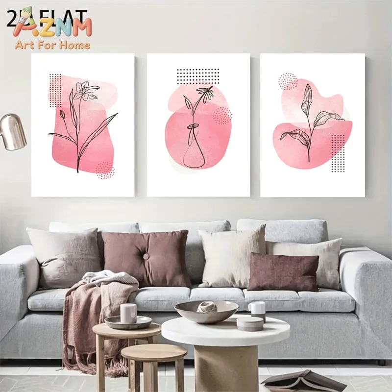 Unframed 3PCS Boho Pink Abstract Shape Line Flower Canvas Wall Art Minimalist Floral Vase Print Poster Home Living Room Bedroom