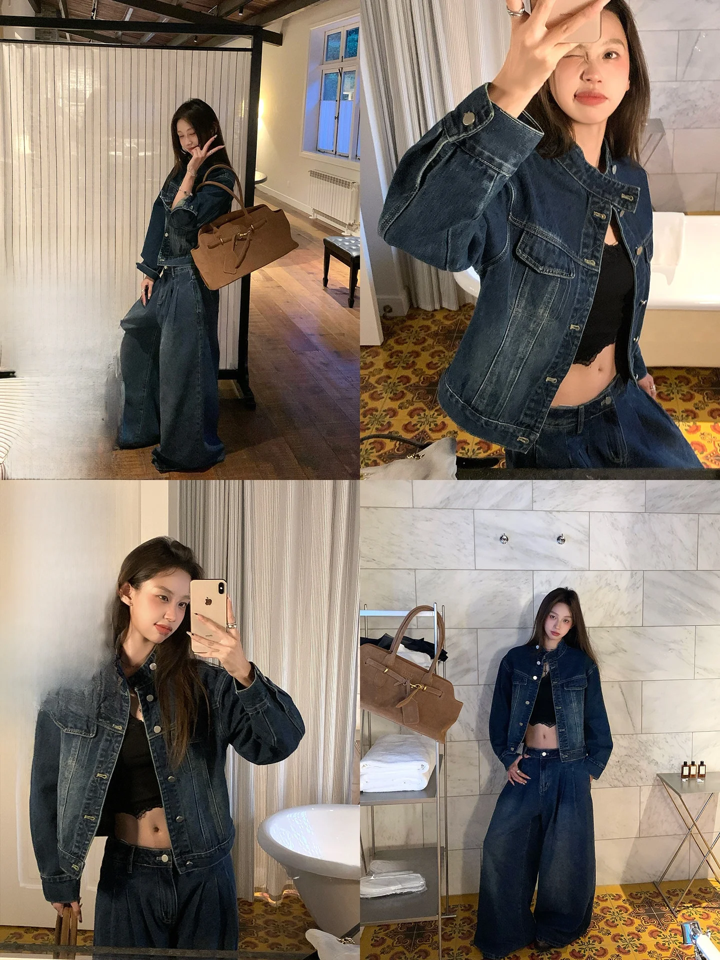 

Ретро-комплект из мягкой джинсовой куртки и брюк с широкими штанинами: женский модный ансамбль, осенняя коллекция, прямой крой, кардиган на пуговицах