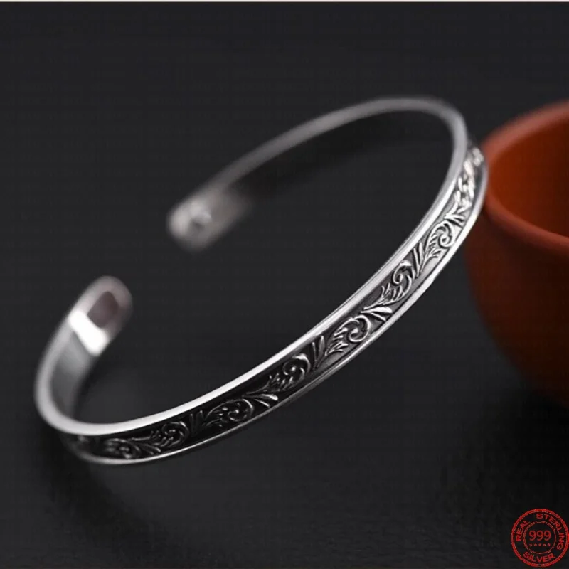 

S999 Sterling Silver Charms Bracelets for Women Men Emboss Eternal Rattan Pattern 6mm Bangle New Fashion Jewelry Wholesale