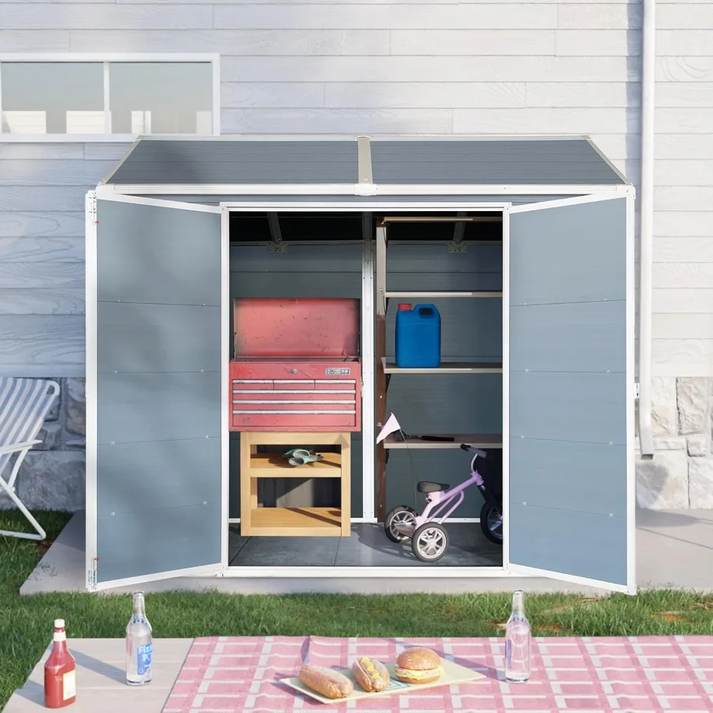 8x4 ft Outdoor Resin Storage Shed with Floor, Waterproof Plastic Garden Shed with Lockable Door and Two Windows, All-Weather