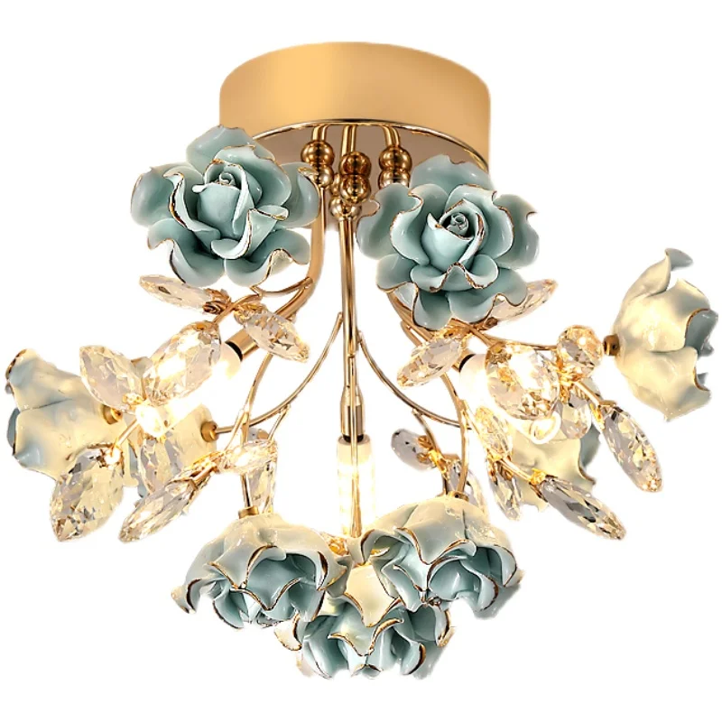 LED Crystal Ceiling Lamp European Aisle Balcony Ceiling Light Fixtures Romantic Cloakroom Hotel Bedroom Study Ceramic Rose Lamps