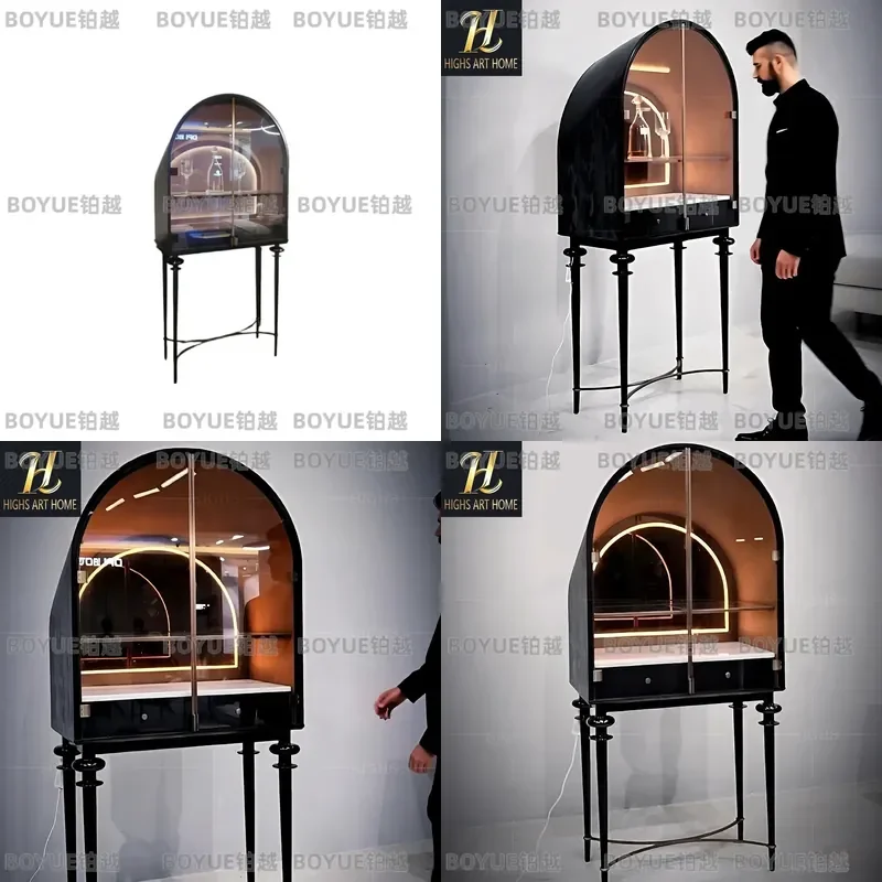 Solid Wood Arched Wine Cabinet with Glass Display High Foot Wall Mounted Storage Shelf Creative Lighting for Villa Home Decor