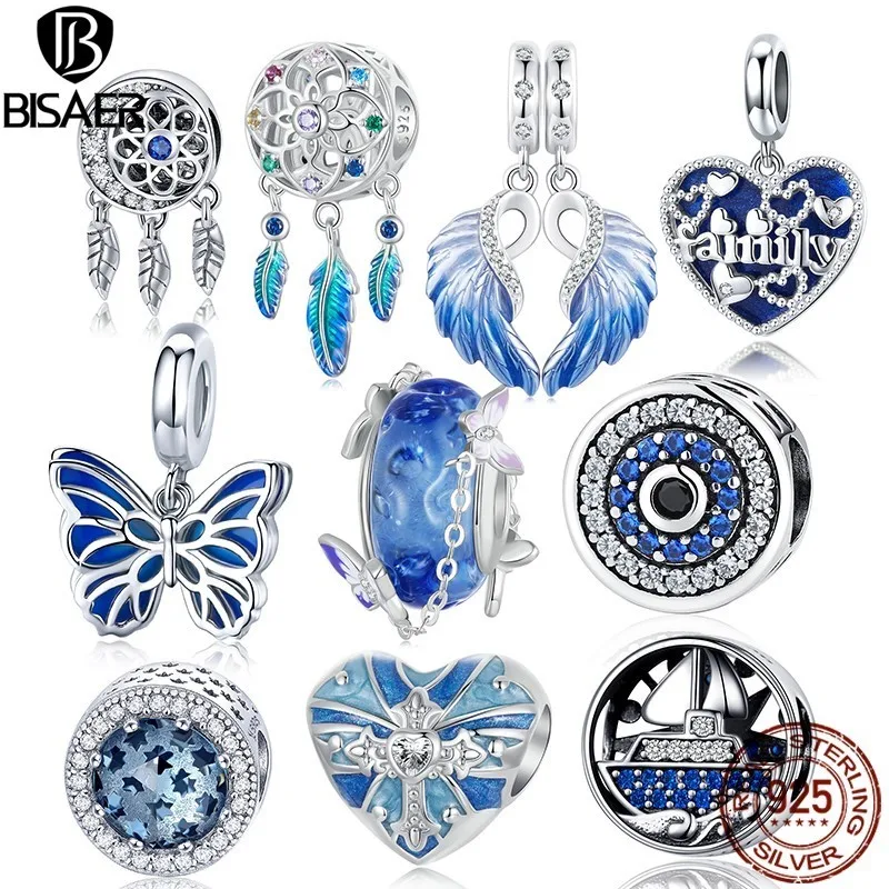 BISAER 925 Sterling Silver Blue Two Wings Pendant Butterfly Devil's Eye Dreamcatcher Charm for Women DIY Bracelets Fine Jewelry