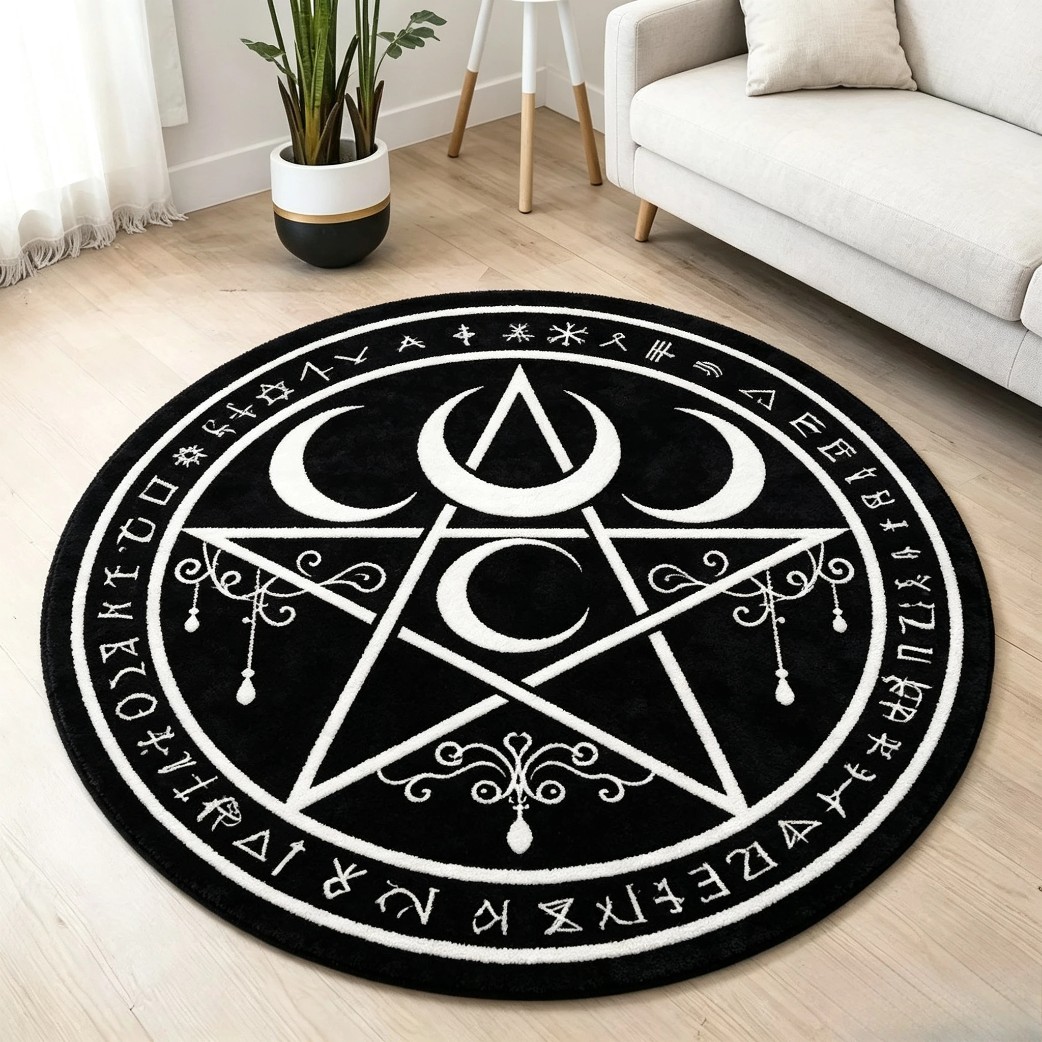 Gothic Round Rug Non Slip Soft Floor Mat Triple Moon Pentagram Occult Pattern Decor Carpet Bedroom Meditation Room Indoor Home