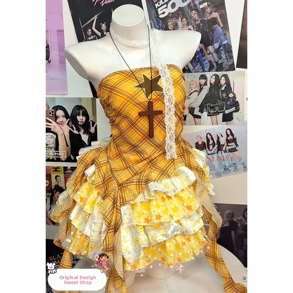 

Оригинальный желтый топ-труба ручной работы с поддержкой тысячелетия, юбкой с рюшами и бантом, новое летнее поступление, женский комплект