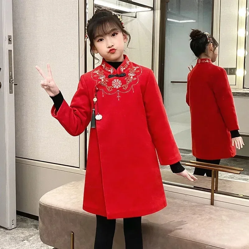 

2024 New Year Chinese Style Qipao Floral Dress Tang-Suit Children Clothes Kids Thick Hanfu Embroidery Cheongsam for Girls