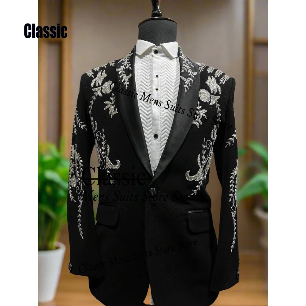 Luxury Diamond Men suit Customized Elegant Sequin Gem For Wedding Groom Male Prom Party Sparkly Blazer 2 Pieces Set Tuxedos Slim