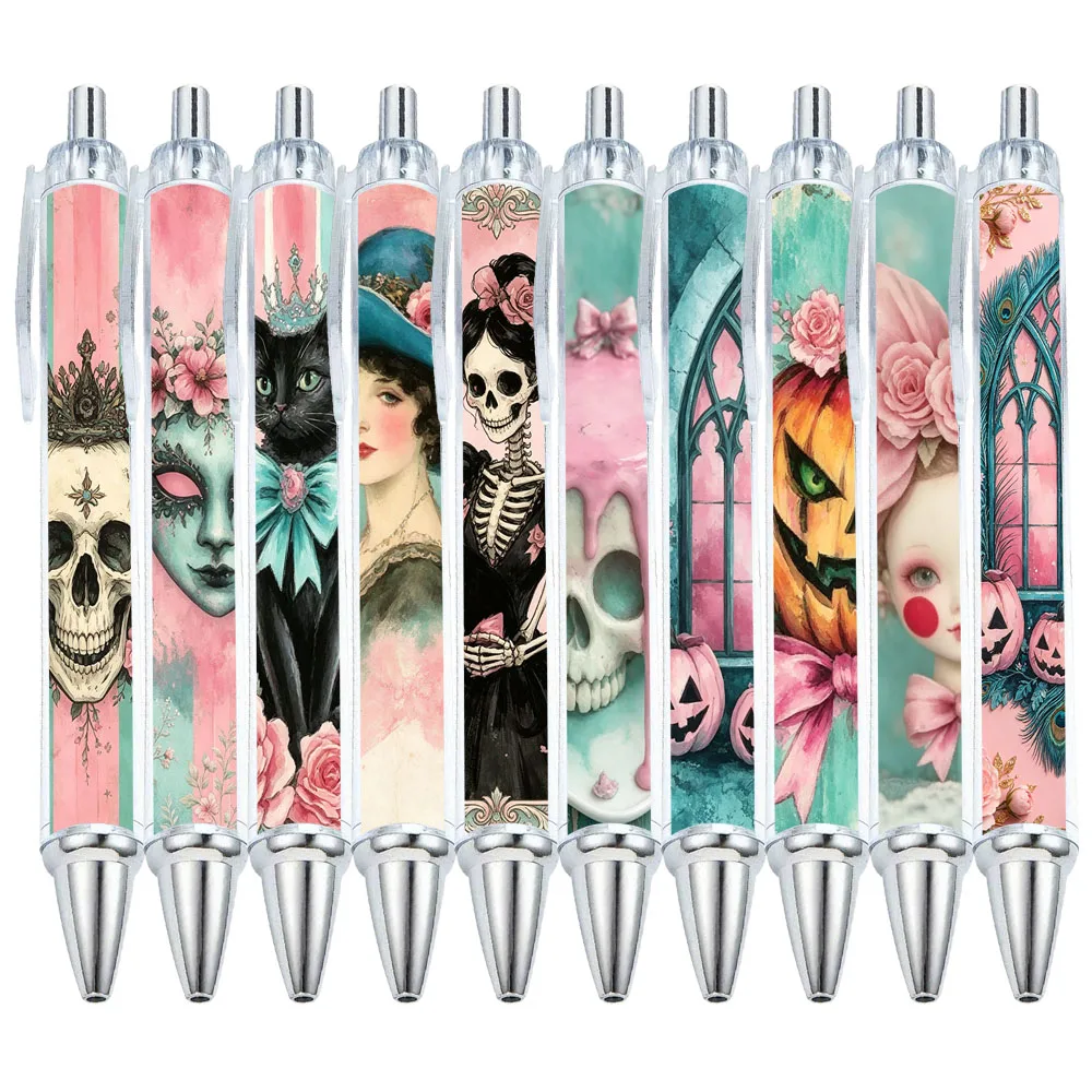 10/15 PCS Pink and Green Cool Halloween Skeleton Pumpkin Round Pens - Pattern Random