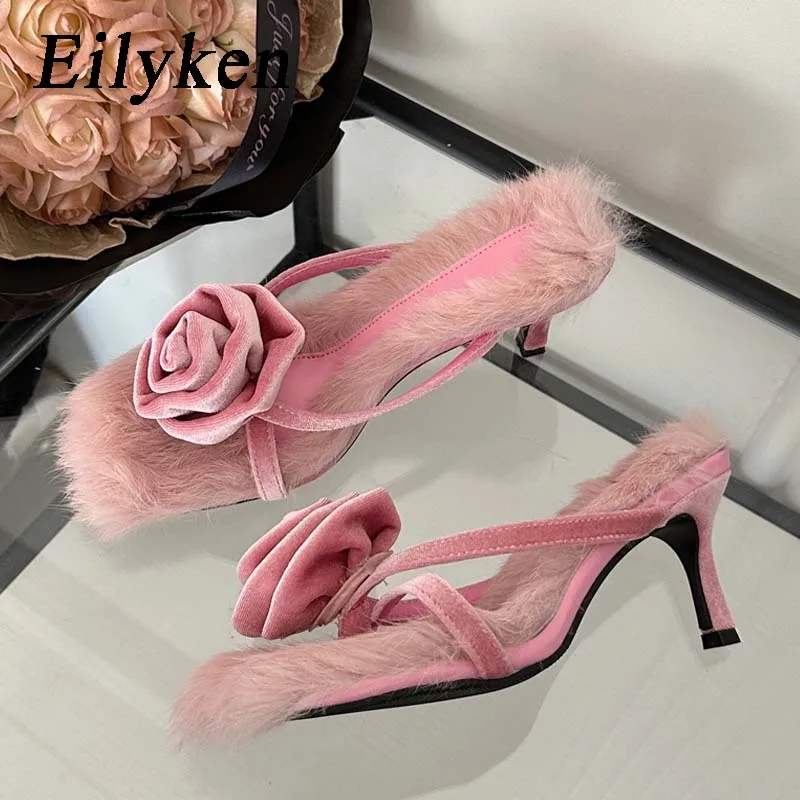 Eilyken Corduroy Faux Fur Slippers Women Square Toe High Heels Slides Sandals Summer Outdoor Banquet Ladies Shoes