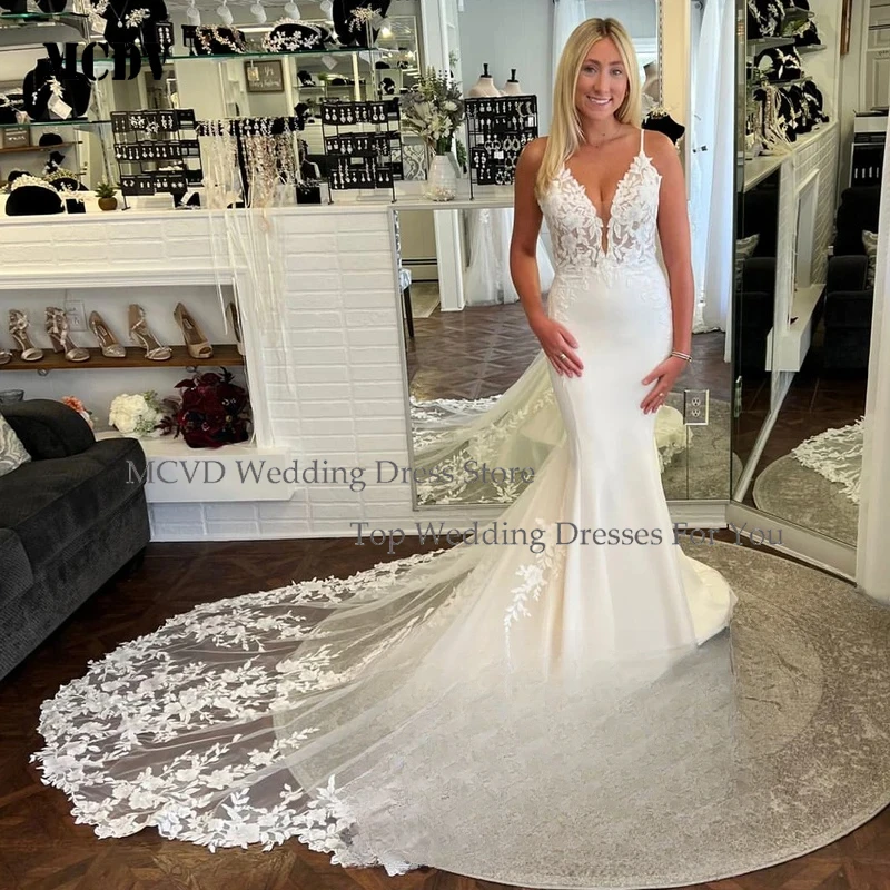 

MCDV Mermaid Backless Wedding Dress Spaghetti Straps Satin Appliques Buttons Sleeveless Bride Gowns Sweep Train Customized