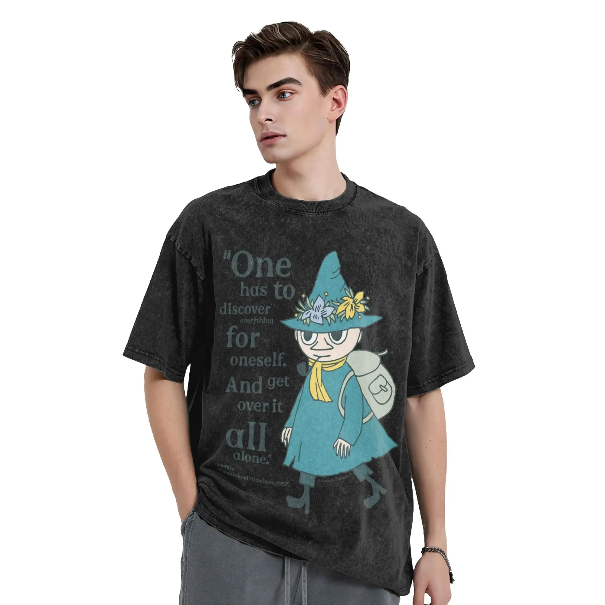 M-moomin Discover Moominland Midwinter Snufkin Washed T Shirt Male  Aesthetic Casual T-Shirts Beach  Printed Plus Size Tops