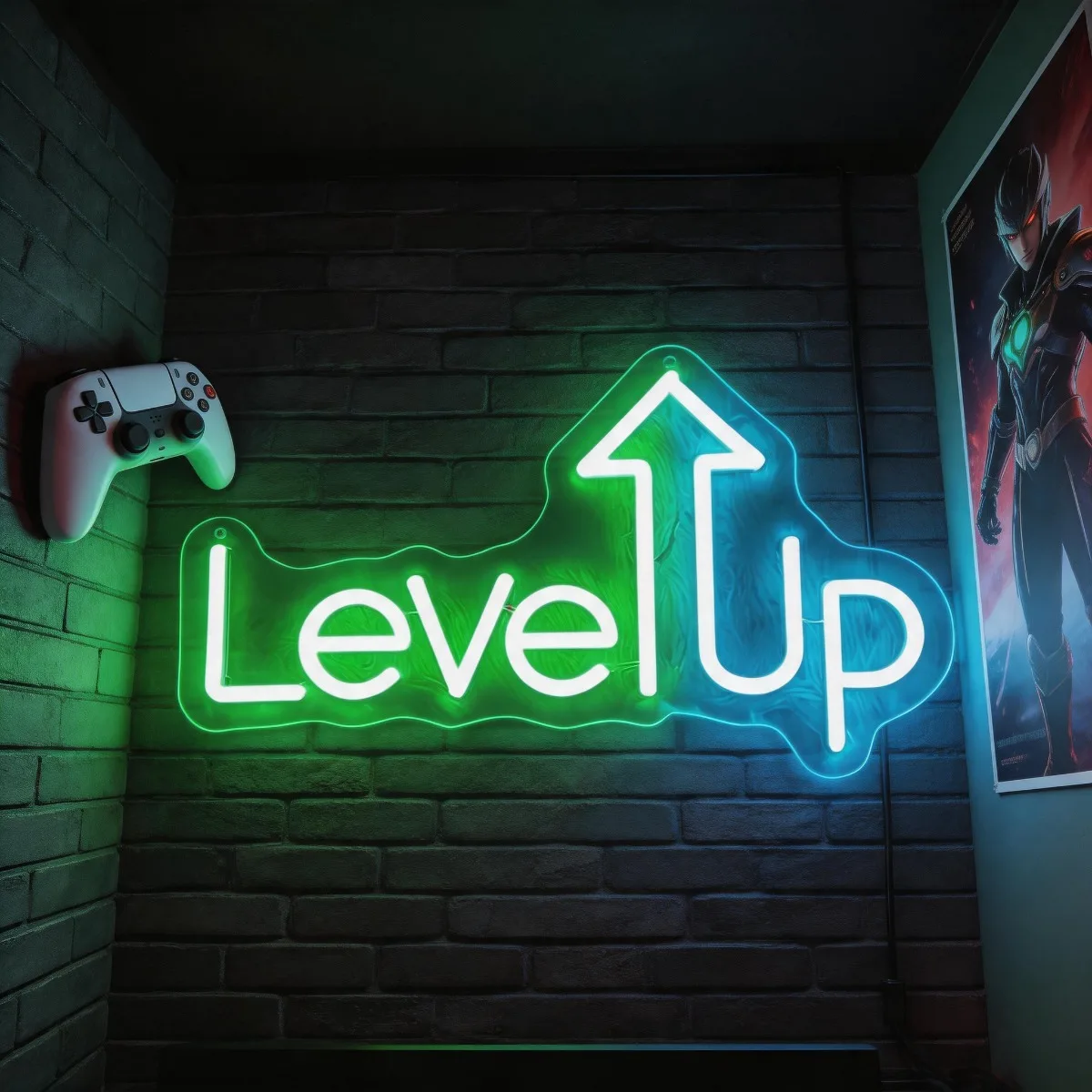 Level Up LED Neon Sign, Green & Blue Dimmable Wall Light, USB Powered Upward Arrow Decor, Modern Game Room & Bedroom for Gamers