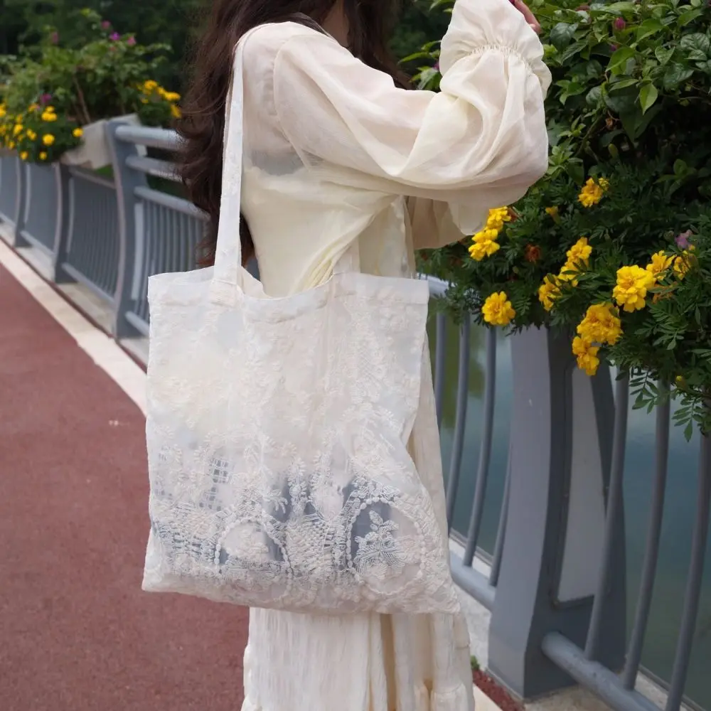 

New Soft Embroidered Floral Shoulder Bag Large Capacity Portable Cloth bag Organza Tote Bag Women