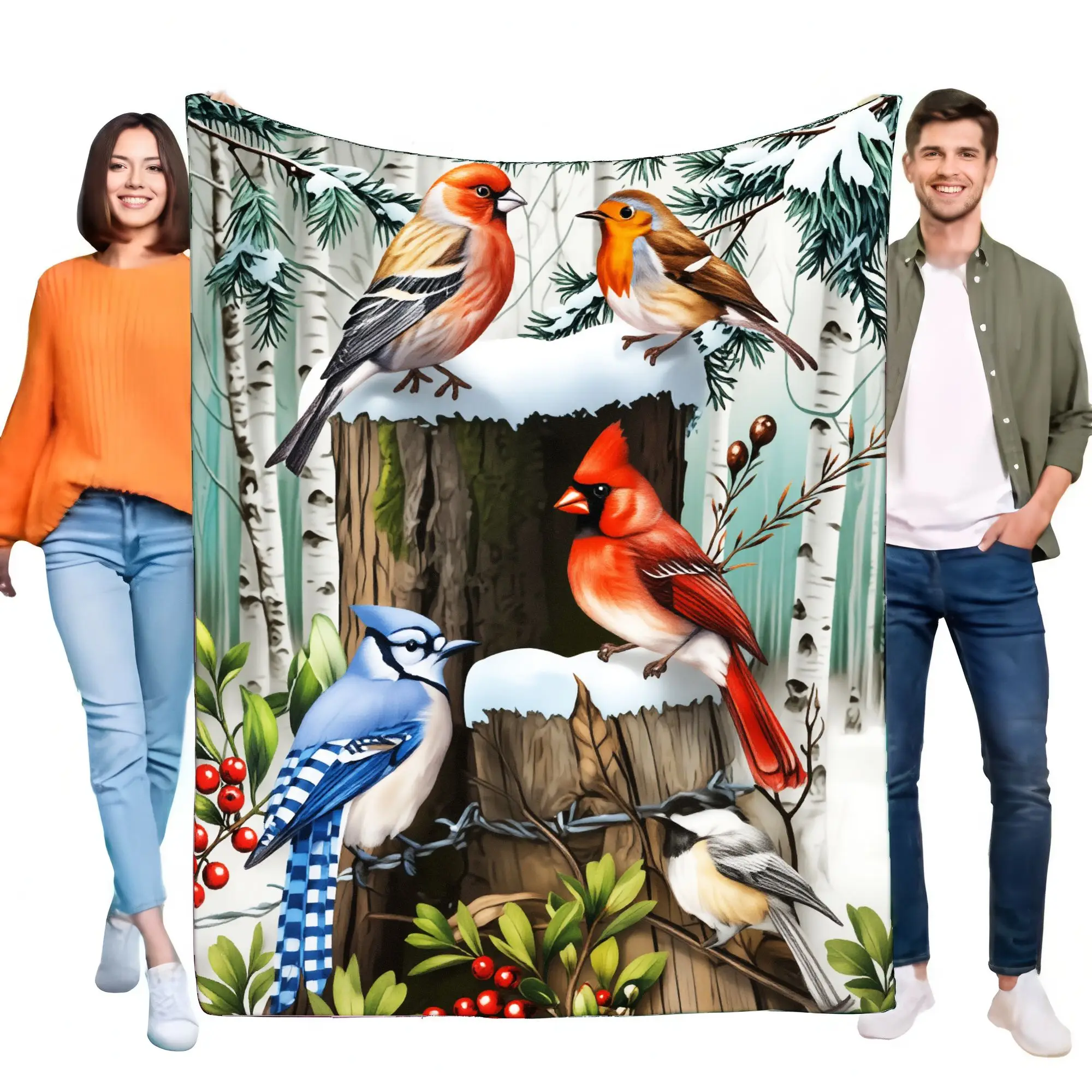 Winter Wonderland Tapestry Blanket with Colorful Birds on Snowy Tree Stump Cozy Warm Throw for Living Room Bedroom Decor Perfect