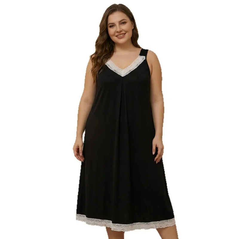 Plus Size Women Summer Sleeveless Nightgown Casual Loose V-Neck Lace Trim Sexy Long Dress Loungewear