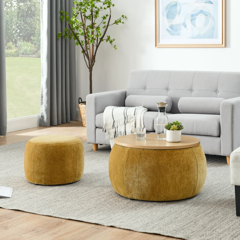 Round Storage Ottoman 2 in 1 Function Work As End Table and Ottoman with Small Seat Dark Yellow(25