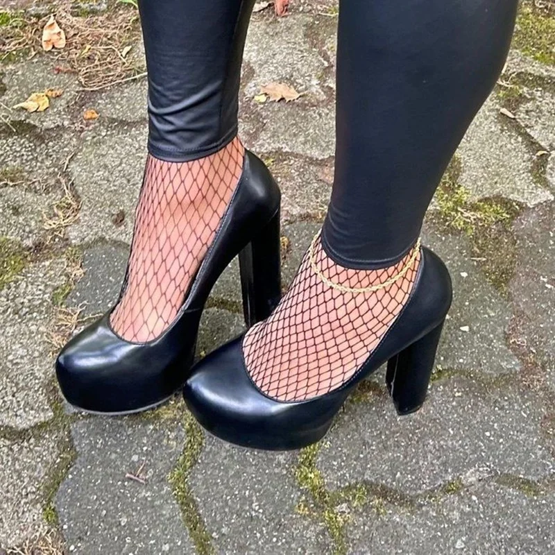 

Black Slip On Shallow Platform Pumps Chunky Heel Round Toe Fashion Sexy Cool 2025 Summer Big Size Woman Shoes Zapatillas Mujer