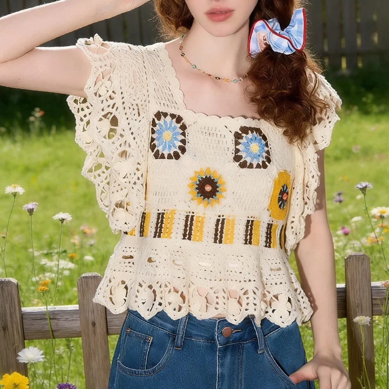 

Женская вязаная блузка с рукавами-крылышками, квадратным вырезом, ажурной вышивкой, в стиле коттеджкор, бохо, ретро, весна-лето 2026