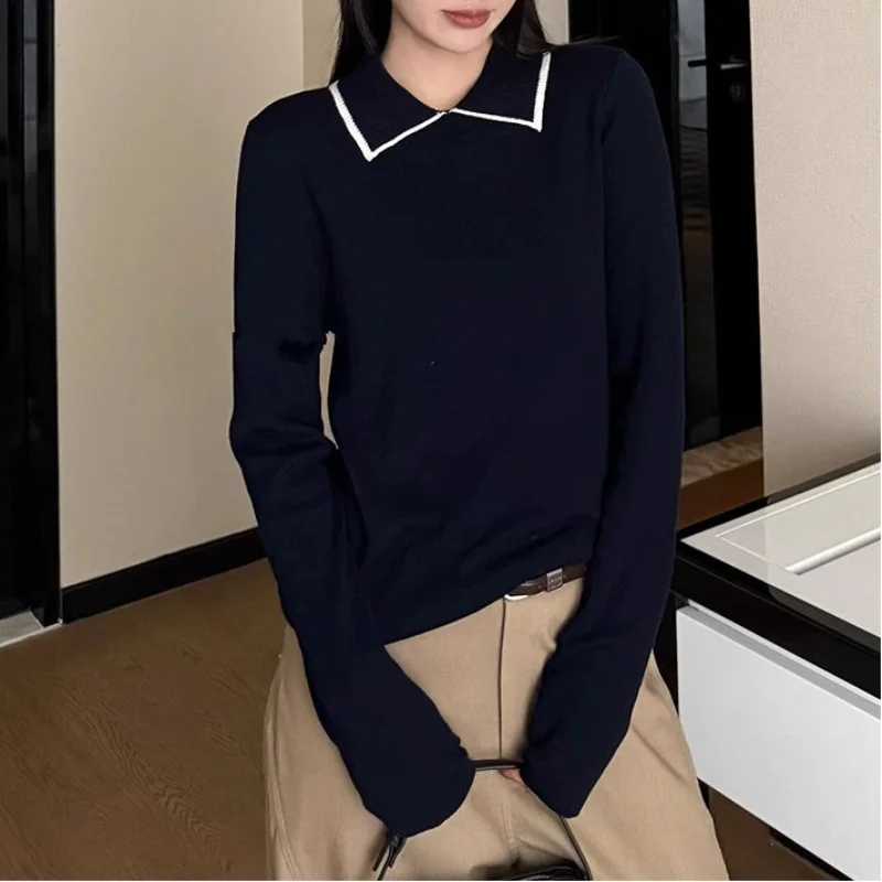 Estilo coreano bloco de cor gola polo camisola de malha das mulheres outono inverno novo estilo camisola fino ajuste design sentido camada base topo