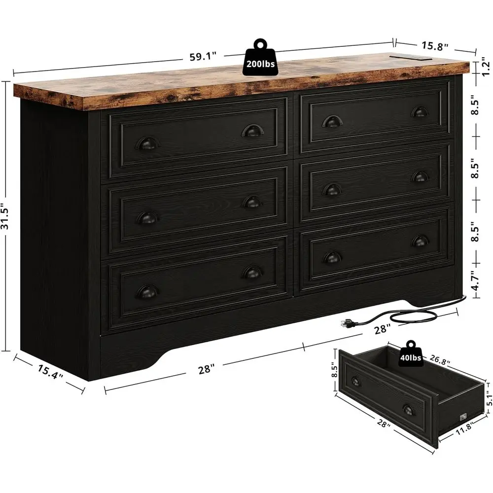 59 6-Drawer Bedroom Dresser with Large Wood Storage Cabinet and Power Strip in Black