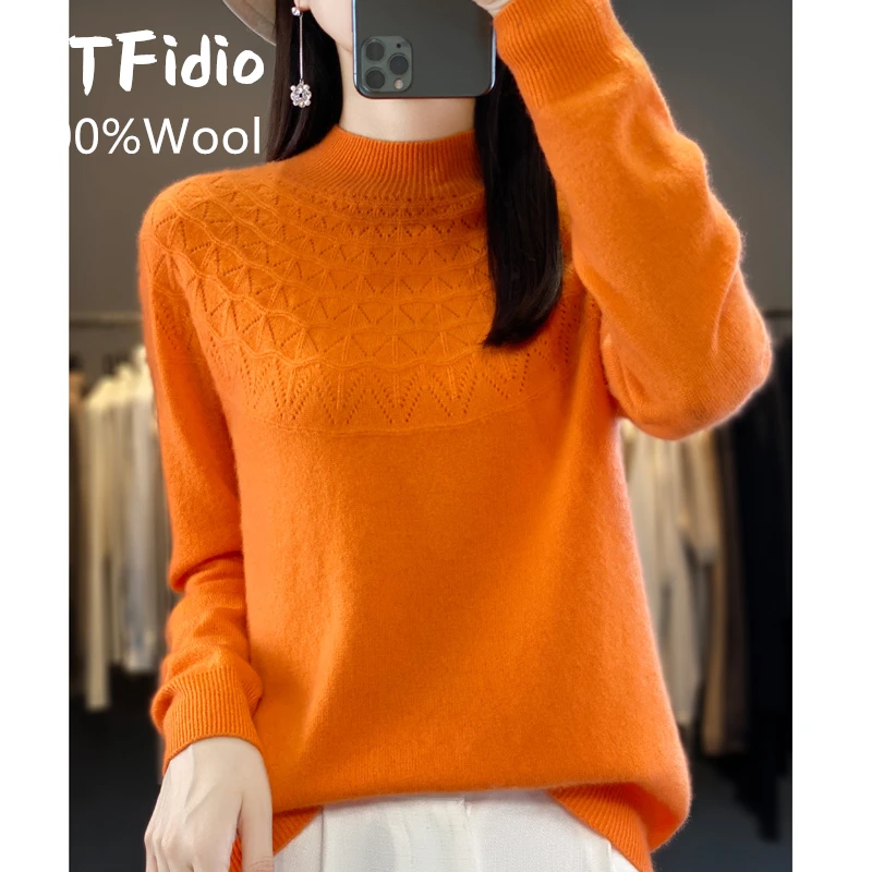 YTFidio 100% wełna kobiety Mock-neck drążą półwysoki kołnierz golf wąskie swetry jednolity sweter bluzki damskie 92