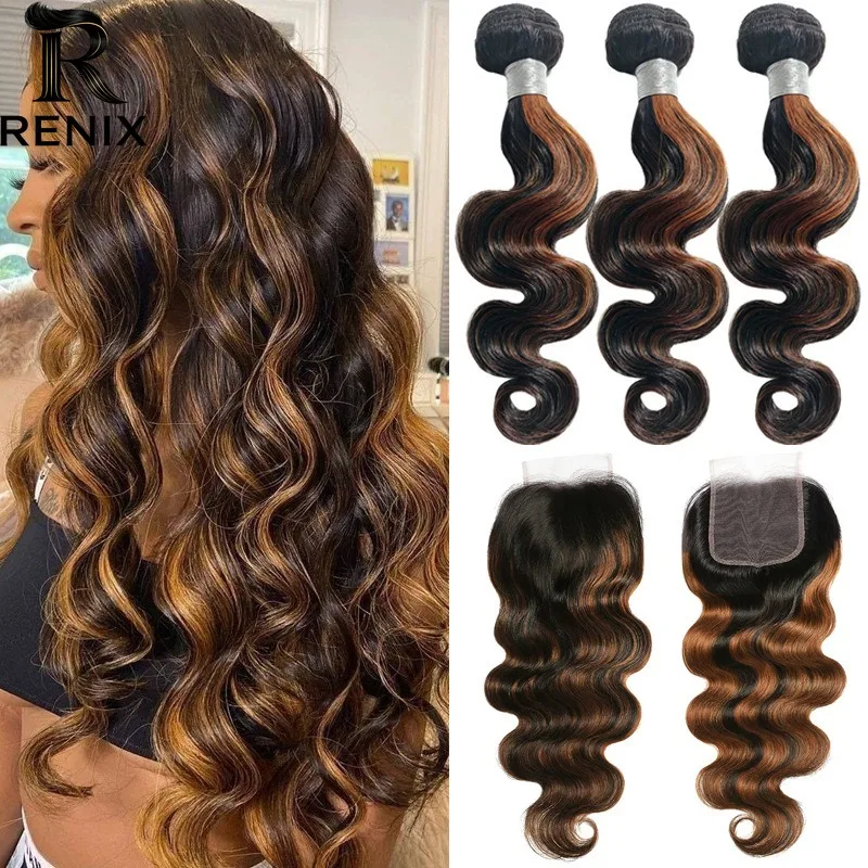 

26 Inch Premium High Light P1B/30 Body Wave 3 Bundles with 4x4 Lace Closure Human Hair for Women Virgin Remy Hair Extensions