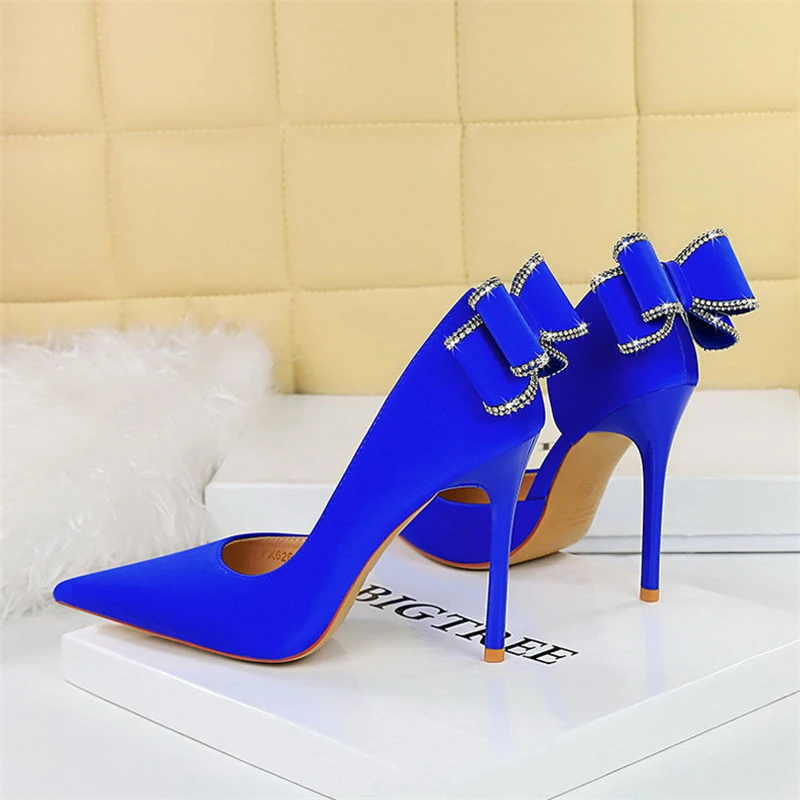 BIGTREE Sexy Fashion Party Pumps Wedding Elegant Women\'s Heels Shallow Mouth Pointed Side Rhinestone Butterfly-Knot Single Shoes