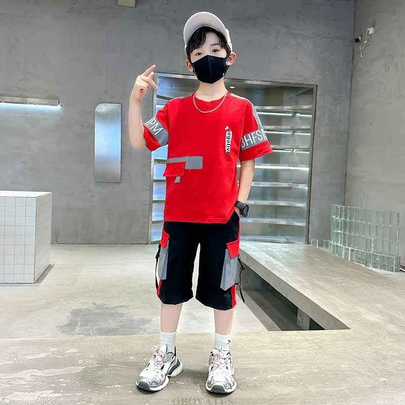 New Summer Kids Boys Clothing Sets Fashion Reflective Outfits Cotton T-shirt + Shorts Sport Suit Teenage Child Casual Tracksuit