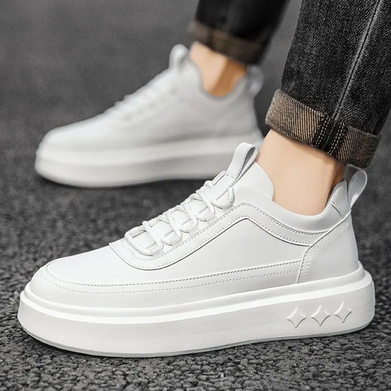 Fashion New Arrivals Men White Sneakers Platform Lace-up Men Leather Casual Shoes Lightweight Breathable Male Casual Sneakers