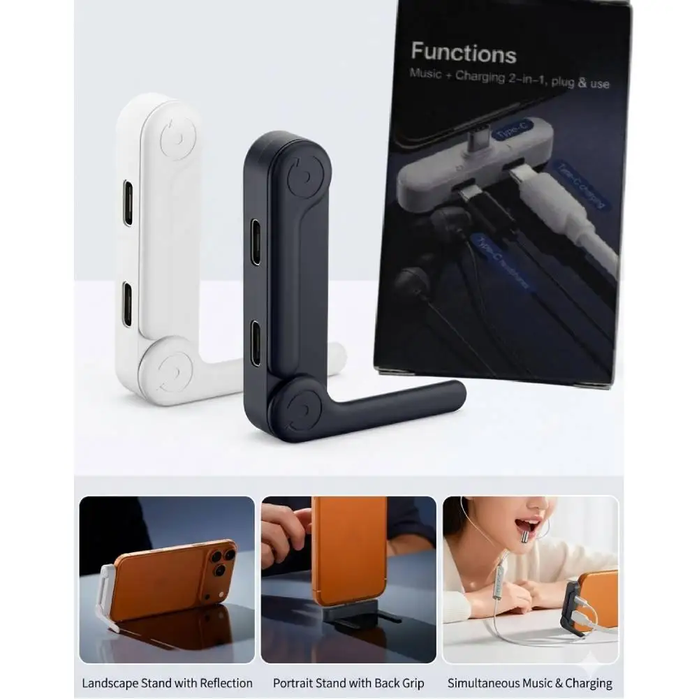 2 In 1 USB C Headphone Adapter With Phone Stand Type C Splitter For Phone Fast Charging & Audio For IPhone 17 16 15 For Samsung