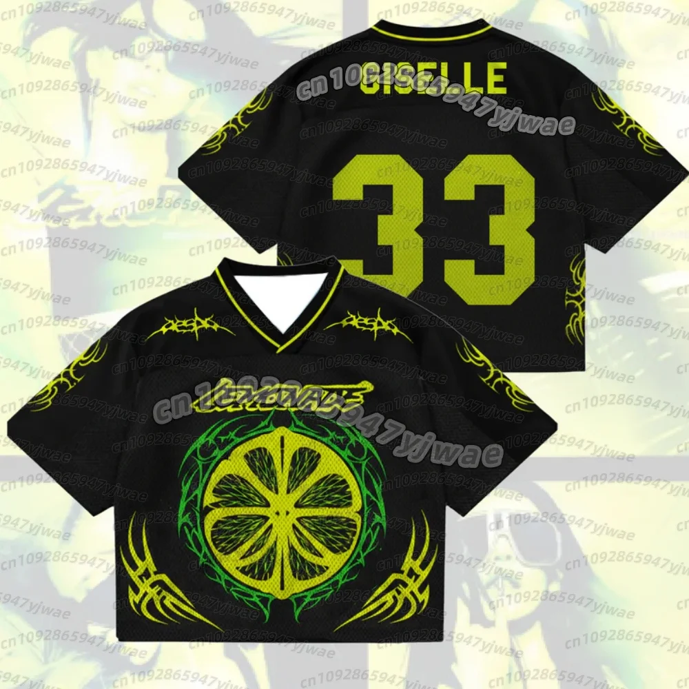 2026 Women's A-Aespa KARINA "Lemonade" Black Yellow Style Cropped Mesh Sports Jersey Breathable Casual Streetwear Kpop Fans Tee - view 4