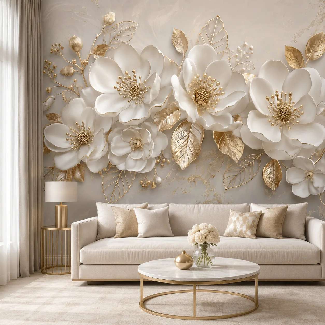3D White Flower Gold Leaf Wallpaper Wall Mural, Luxury Cream Beige Floral Background Wallpaper for Living Room Bedroom Decor