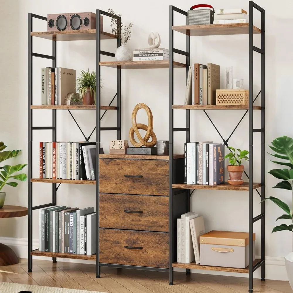 

Triple Bookshelf with 3 Fabric Drawers, 4-Tier Book Shelf and 10 Display Shelves, Industrial Large Bookcase for Home & Office, R