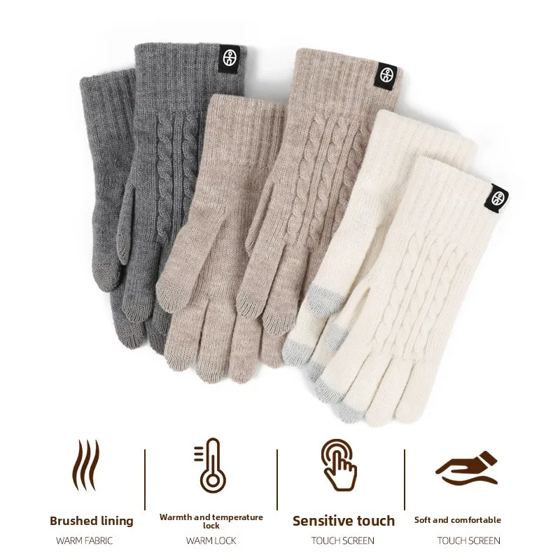Winter Gloves Women Cable Knit Gloves Men Cold Proof Warm Touchscreen Cycling Gloves Fleece Thickened Soft Cozy Thermal Women