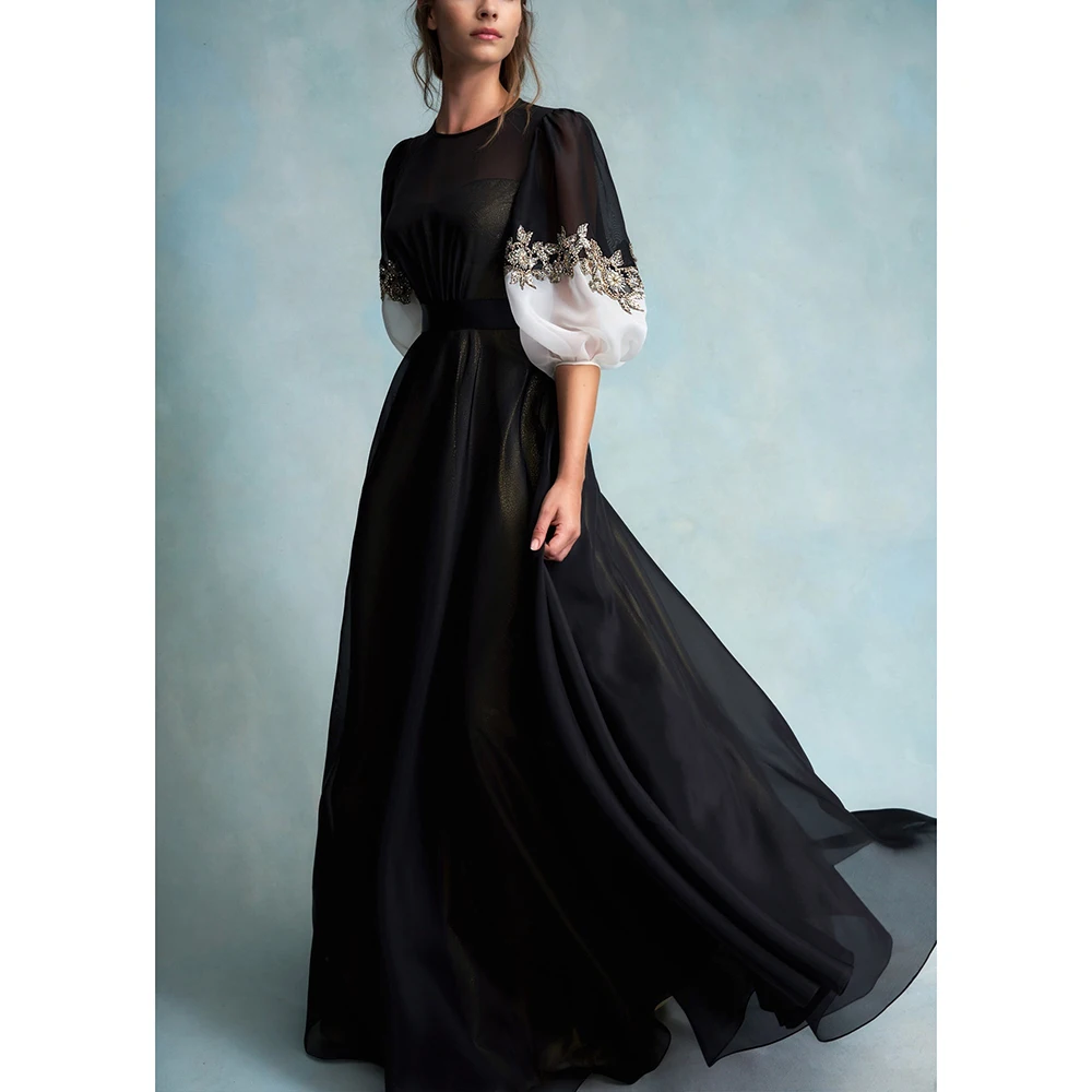 Transparent Black Evening Dresses For Women Fashion A-line O-neck Tulle Women Clothing Elegant Applique Dress With Golden Lining