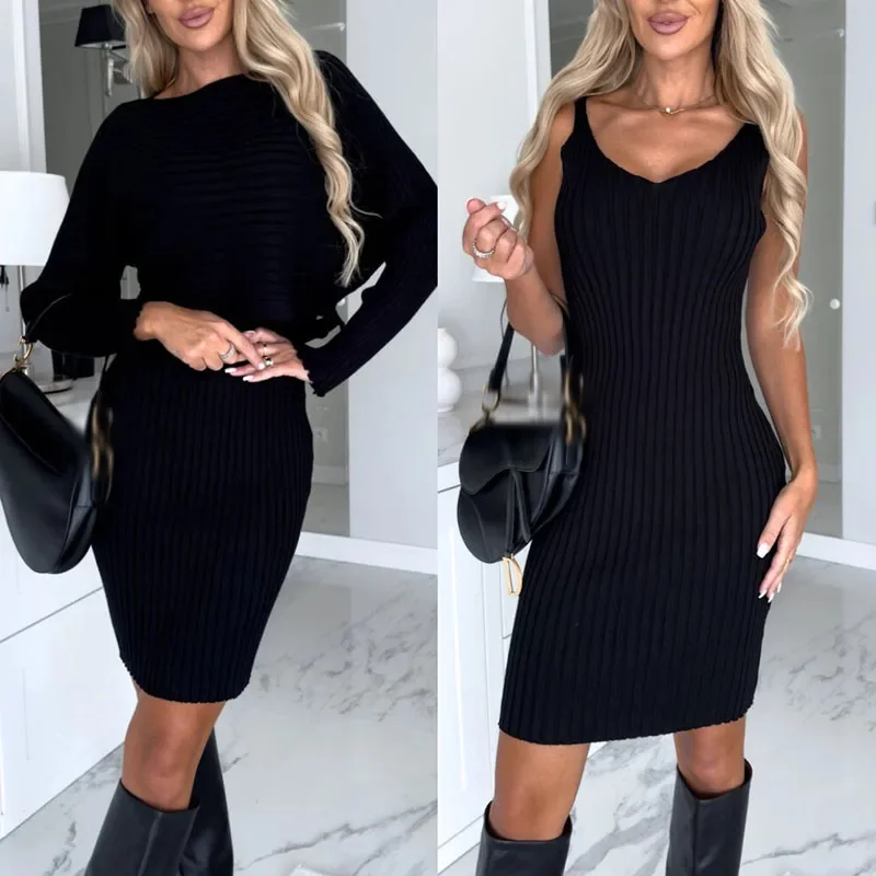 Women\'s Knitted Sweater Skirt Two Piece Set Women O-Neck Elegant Tops Female Sexy Skit Skirts Suits Office Lady Knitting Outfits