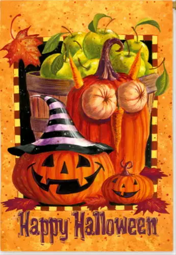 NEW EVERGREEN HAPPY HALLOWEEN GARDEN FLAG JACK-O-LANTERN PUMPKIN DEVIL 12.5 x 18