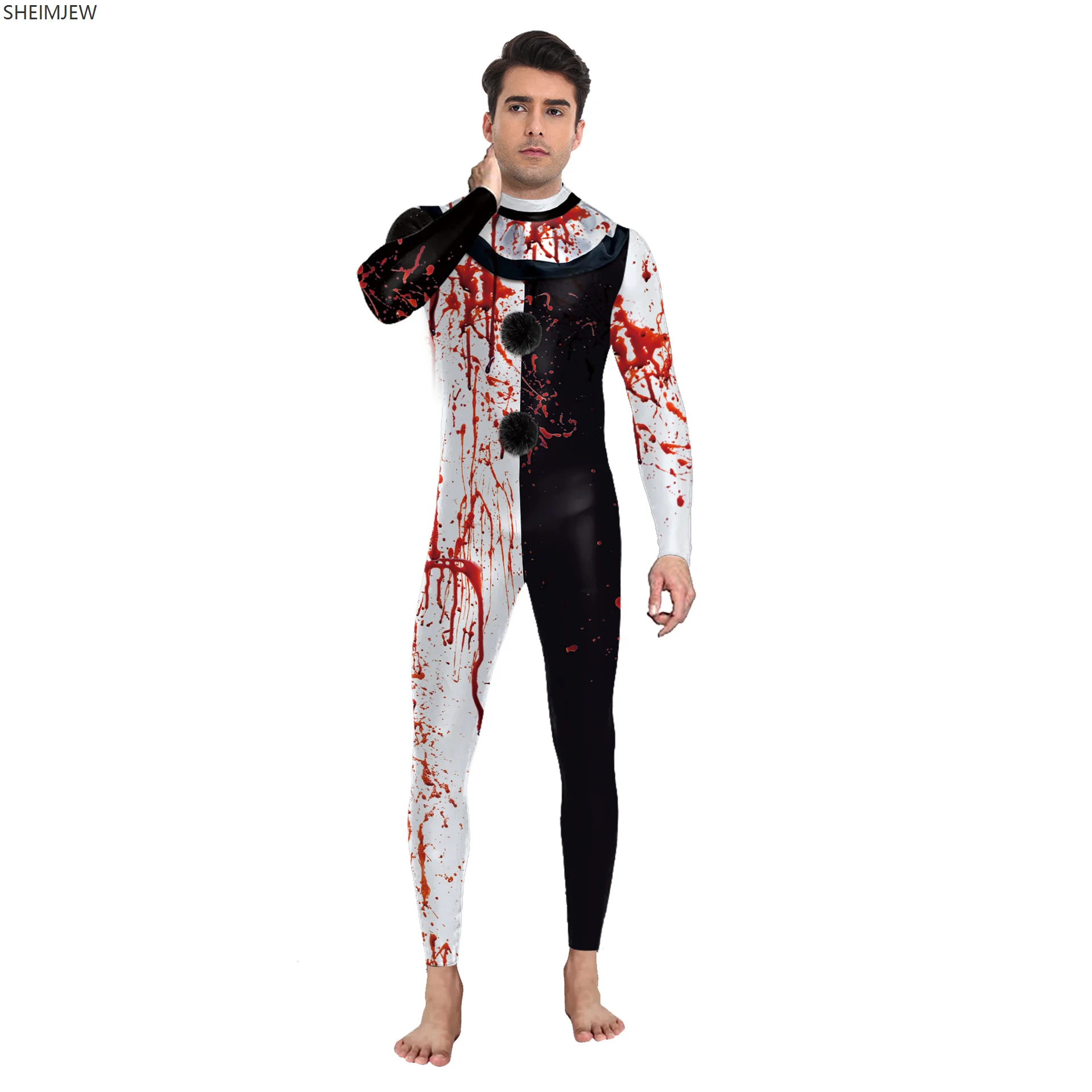 New Halloween Horror Bloody Clown Cosplay Adult Jumpsuit Art Clown Bodysuit Carnival Party Catsuits Christmas Clown Dress Up