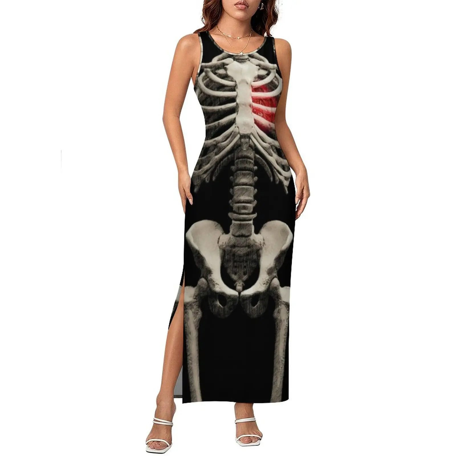 Abito Halloween Bones senza maniche Skeleton Art Heart Abiti maxi vintage Abito estivo aderente dal design stile street di grandi dimensioni