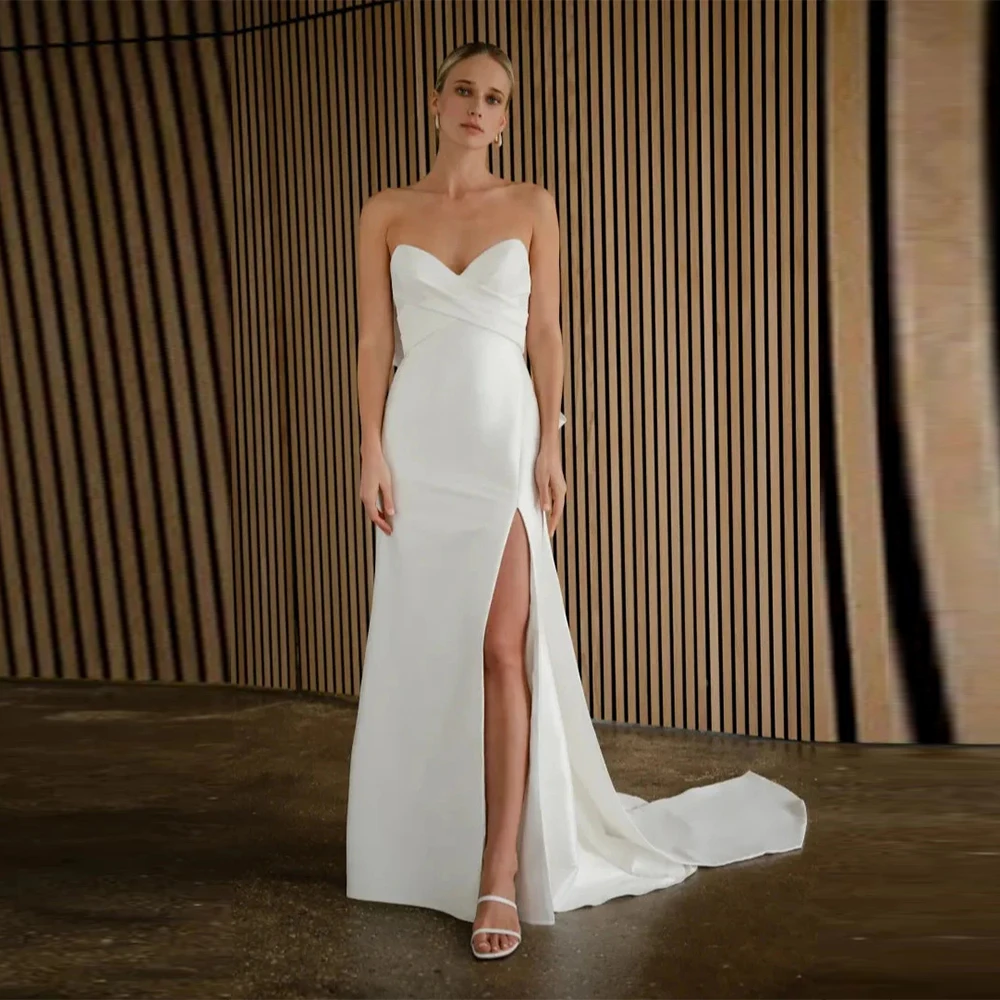 Customized Modern Satin Wedding Dress V Neck Strapless Pleated Bow Decor Side Slit Mermaid A Line Elegant Bridal Gown Vestido