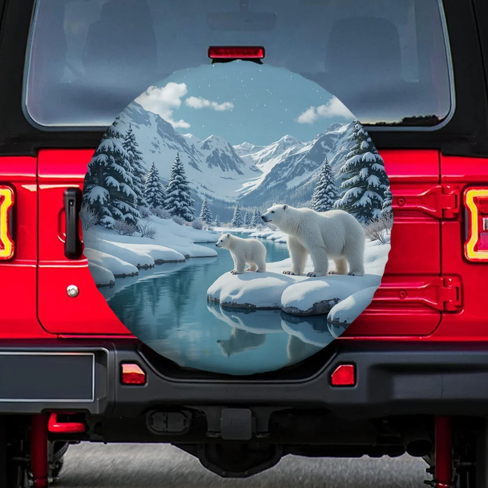 Polar Bear Mother Cub Snowy Winter Landscape Spare Tire Cover Durable Polyester Vehicle Accessory