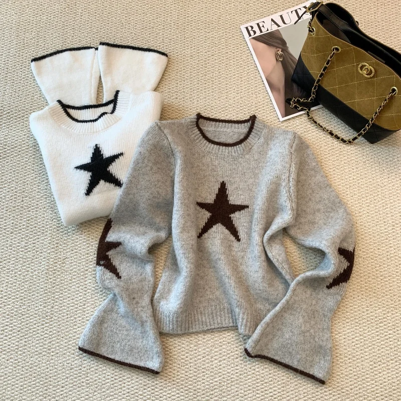 المرأة رمادي س الرقبة ستار متماسكة البلوز سترة 2000s خمر الكورية نمط البلوز متماسكة طويلة الأكمام سترة الكشمير المعنقة الخريف الشتاء #6