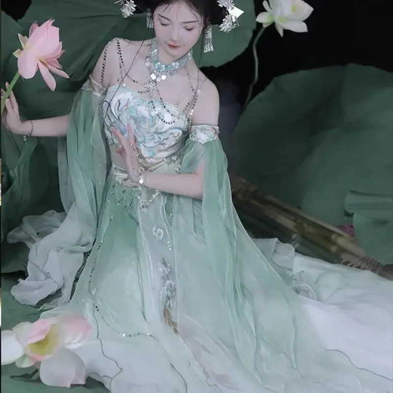 FC6妖精エキゾチックなスタイルのプリント刺繍弾性スカート中国漢服赤黒衣装セットXianxia服ダンスウェア花@FC8！