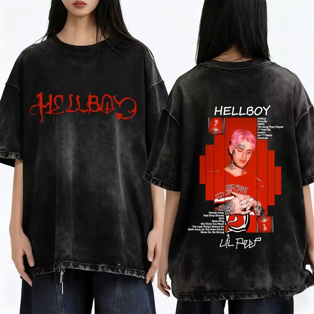 Customization Shirt Washed Vintage Rapper Lil Peep Hellboy Album Graphic T-shirt Men Women Hip Hop Fashion Streetwear Male Overs